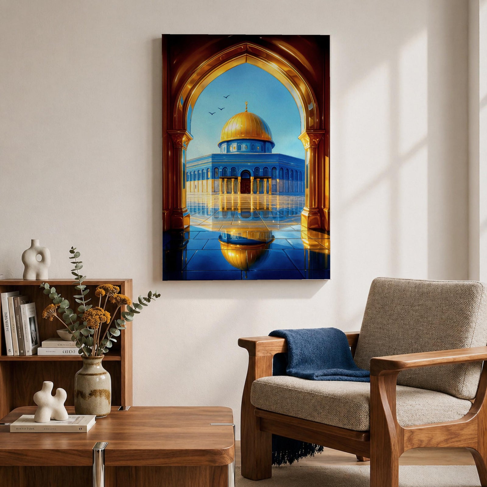 Illustration of Masjid Al Aqsa in Jerusalem viewed through a grand archway, featuring the mosque courtyard with the iconic golden dome rising in the distance, surrounded by historic stone architecture and arches, rendered with balanced architectural detail and warm light in a refined Islamic architectural composition.