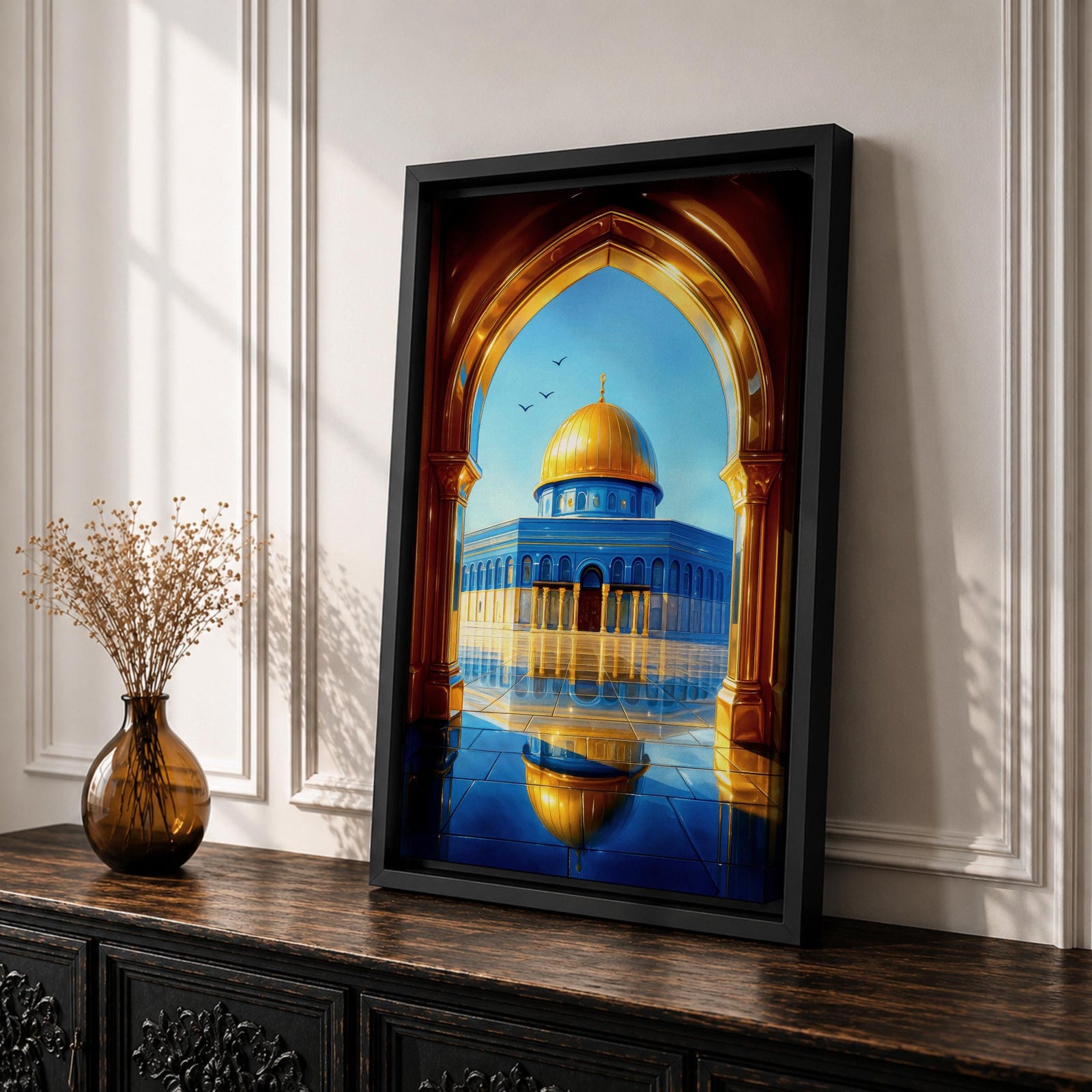 Illustration of Masjid Al Aqsa in Jerusalem viewed through a grand archway, featuring the mosque courtyard with the iconic golden dome rising in the distance, surrounded by historic stone architecture and arches, rendered with balanced architectural detail and warm light in a refined Islamic architectural composition.