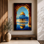 Illustration of Masjid Al Aqsa in Jerusalem viewed through a grand archway, featuring the mosque courtyard with the iconic golden dome rising in the distance, surrounded by historic stone architecture and arches, rendered with balanced architectural detail and warm light in a refined Islamic architectural composition.