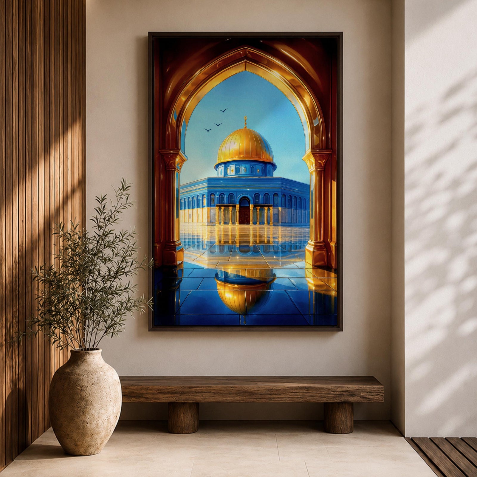 Illustration of Masjid Al Aqsa in Jerusalem viewed through a grand archway, featuring the mosque courtyard with the iconic golden dome rising in the distance, surrounded by historic stone architecture and arches, rendered with balanced architectural detail and warm light in a refined Islamic architectural composition.