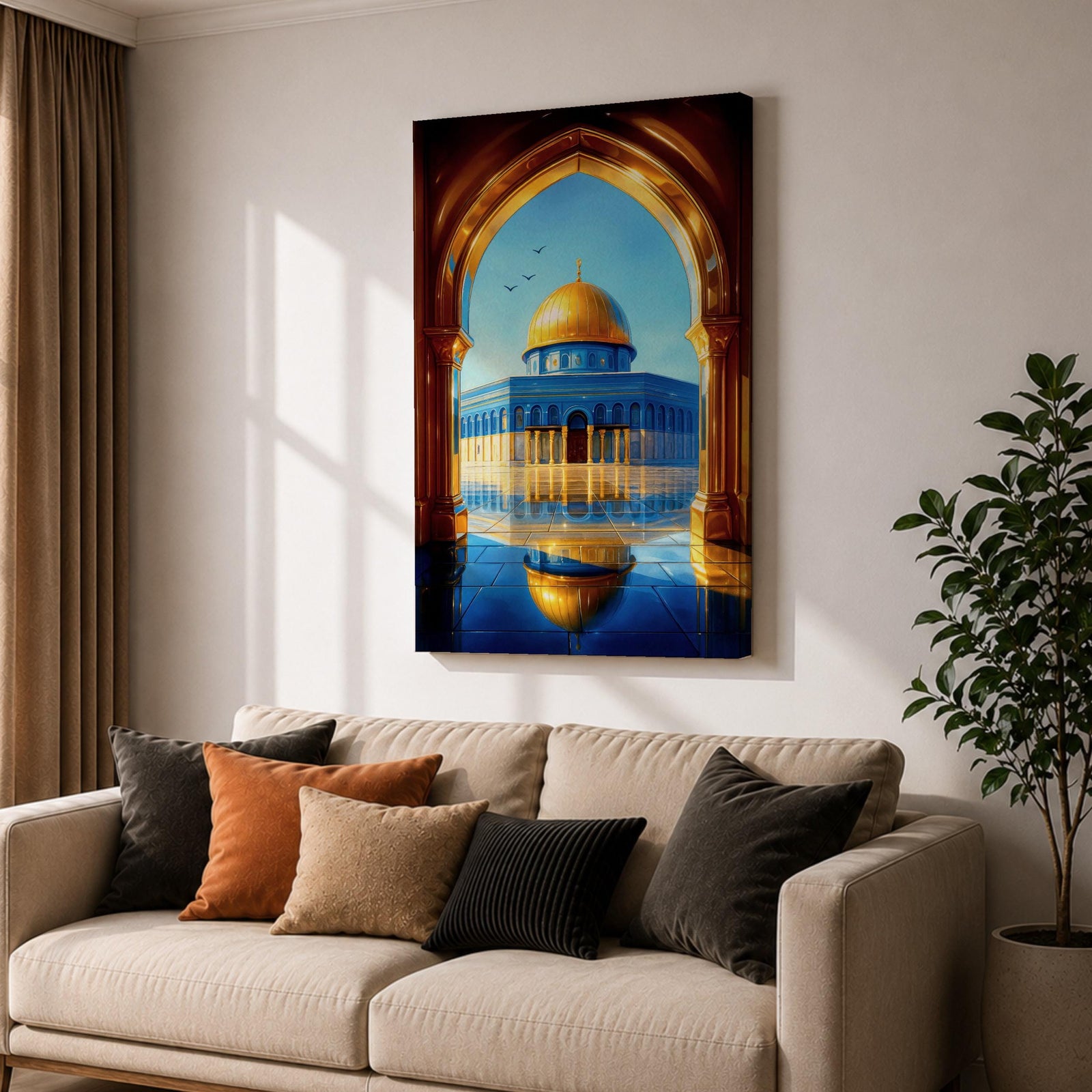 Illustration of Masjid Al Aqsa in Jerusalem viewed through a grand archway, featuring the mosque courtyard with the iconic golden dome rising in the distance, surrounded by historic stone architecture and arches, rendered with balanced architectural detail and warm light in a refined Islamic architectural composition.