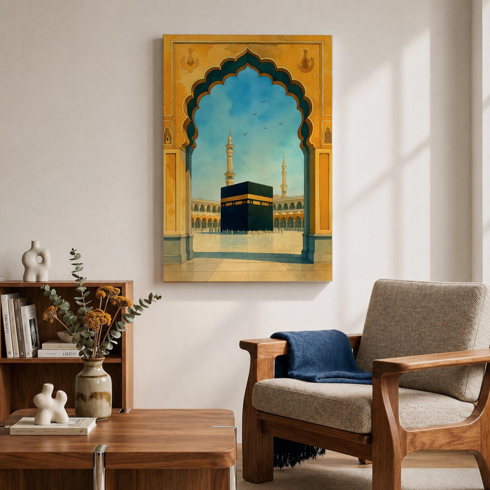 A watercolor style framed canvas wall art depicting the Kaaba viewed through an ornate Islamic arch with minarets and birds in the background. The artwork captures the iconic religious site in Mecca with detailed architectural elements and a serene sky, emphasizing Islamic cultural heritage.