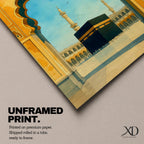 A watercolor style framed canvas wall art depicting the Kaaba viewed through an ornate Islamic arch with minarets and birds in the background. The artwork captures the iconic religious site in Mecca with detailed architectural elements and a serene sky, emphasizing Islamic cultural heritage.