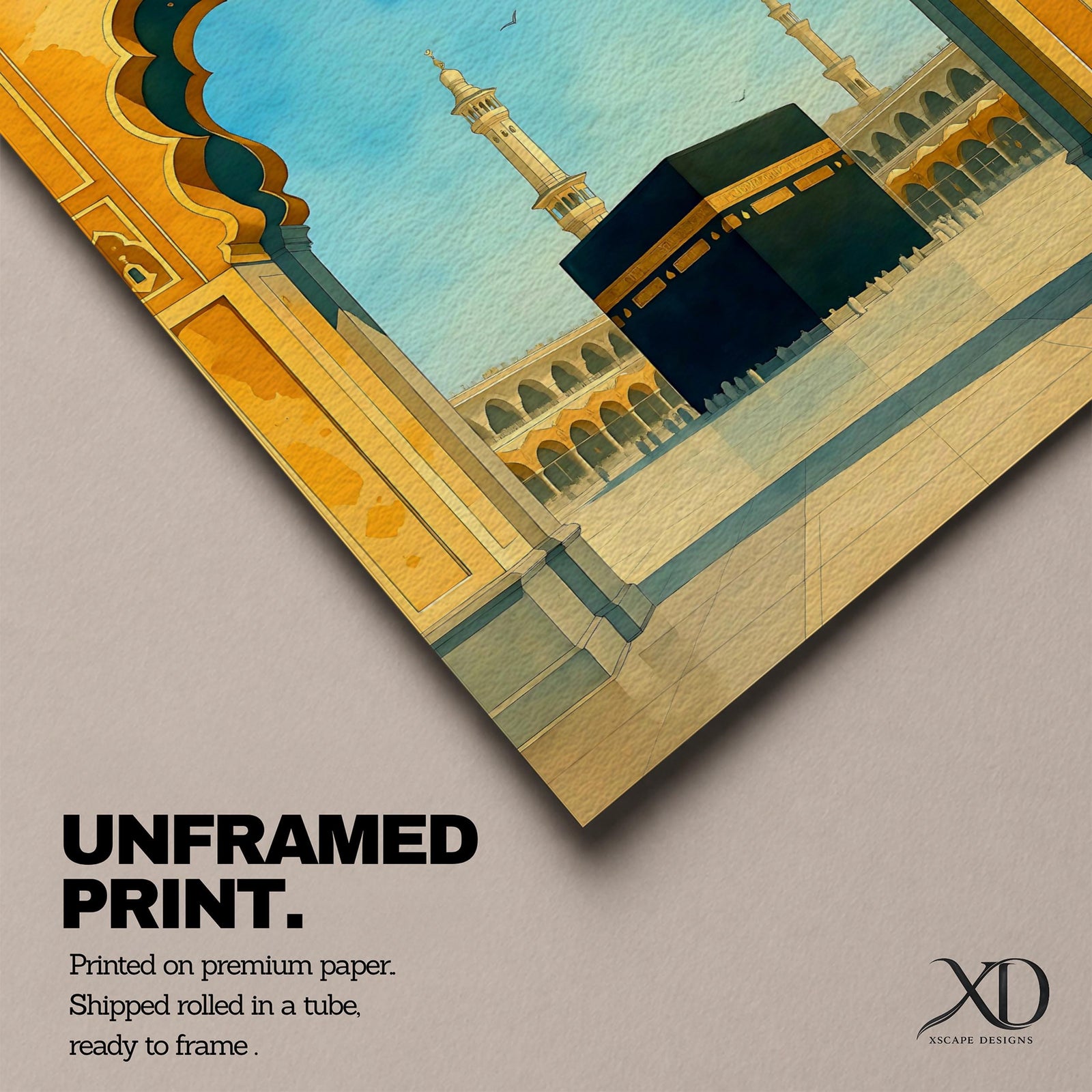 A watercolor style framed canvas wall art depicting the Kaaba viewed through an ornate Islamic arch with minarets and birds in the background. The artwork captures the iconic religious site in Mecca with detailed architectural elements and a serene sky, emphasizing Islamic cultural heritage.