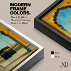 A watercolor style framed canvas wall art depicting the Kaaba viewed through an ornate Islamic arch with minarets and birds in the background. The artwork captures the iconic religious site in Mecca with detailed architectural elements and a serene sky, emphasizing Islamic cultural heritage.