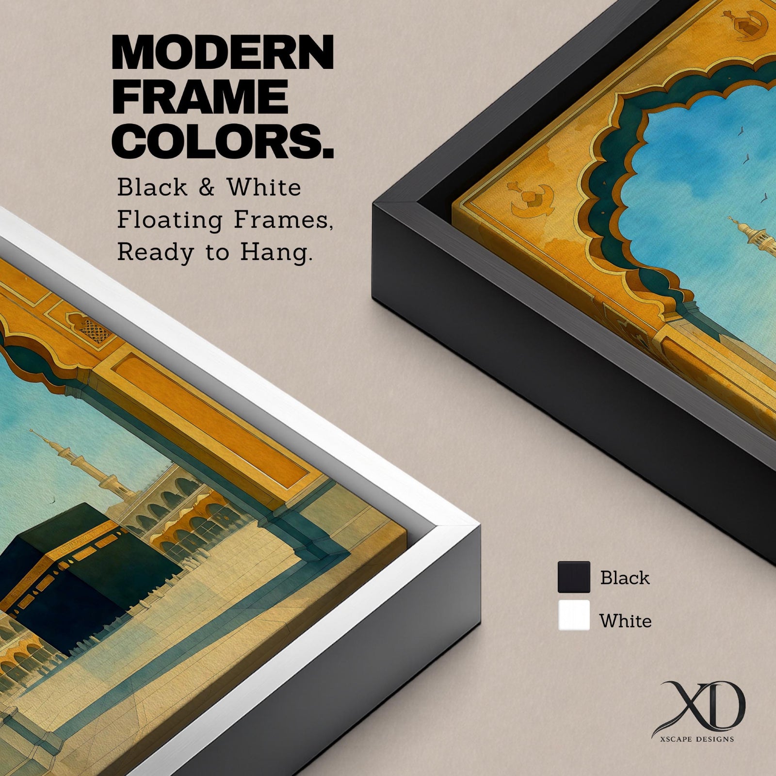 A watercolor style framed canvas wall art depicting the Kaaba viewed through an ornate Islamic arch with minarets and birds in the background. The artwork captures the iconic religious site in Mecca with detailed architectural elements and a serene sky, emphasizing Islamic cultural heritage.