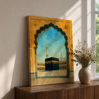 A watercolor style framed canvas wall art depicting the Kaaba viewed through an ornate Islamic arch with minarets and birds in the background. The artwork captures the iconic religious site in Mecca with detailed architectural elements and a serene sky, emphasizing Islamic cultural heritage.