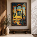 A detailed painting of the Dome of the Rock viewed through three ornate arches with mosaic tile patterns. The golden dome contrasts with the blue sky and intricate architectural columns, capturing the iconic Jerusalem landmark in a vibrant, realistic style.