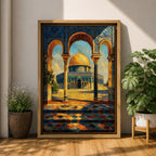 A detailed painting of the Dome of the Rock viewed through three ornate arches with mosaic tile patterns. The golden dome contrasts with the blue sky and intricate architectural columns, capturing the iconic Jerusalem landmark in a vibrant, realistic style.