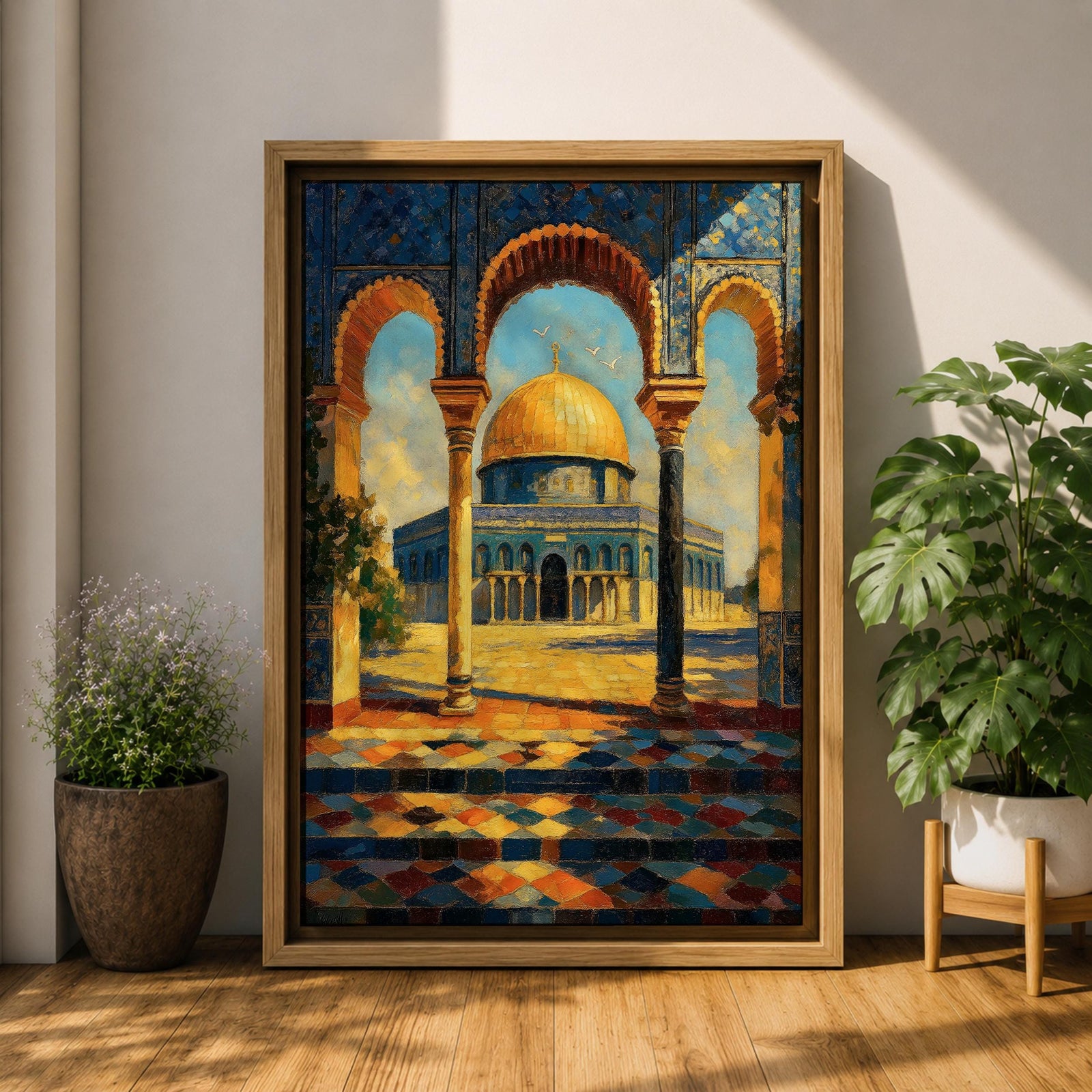 A detailed painting of the Dome of the Rock viewed through three ornate arches with mosaic tile patterns. The golden dome contrasts with the blue sky and intricate architectural columns, capturing the iconic Jerusalem landmark in a vibrant, realistic style.