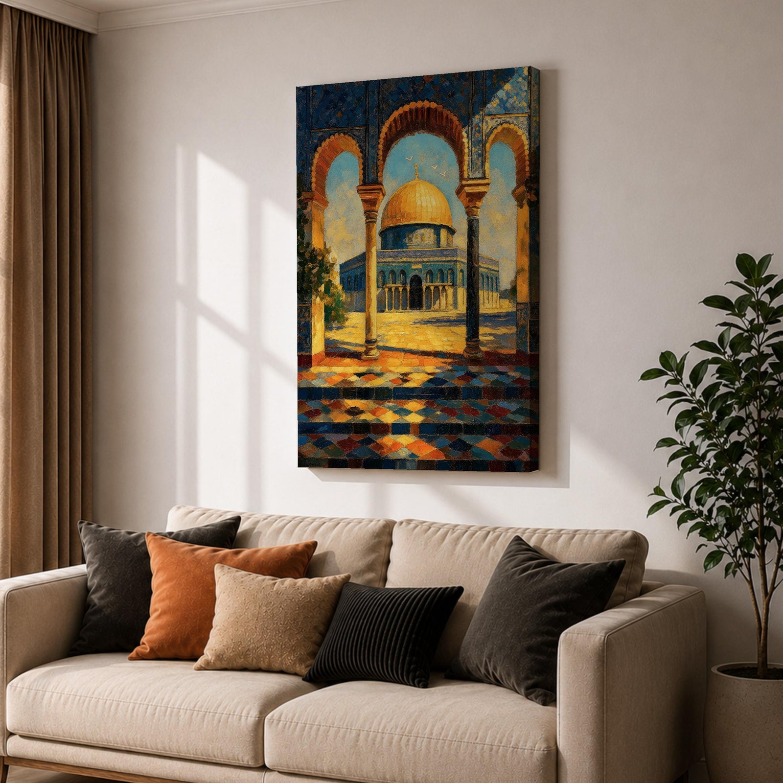 A detailed painting of the Dome of the Rock viewed through three ornate arches with mosaic tile patterns. The golden dome contrasts with the blue sky and intricate architectural columns, capturing the iconic Jerusalem landmark in a vibrant, realistic style.