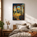 A detailed painting of the Dome of the Rock viewed through three ornate arches with mosaic tile patterns. The golden dome contrasts with the blue sky and intricate architectural columns, capturing the iconic Jerusalem landmark in a vibrant, realistic style.