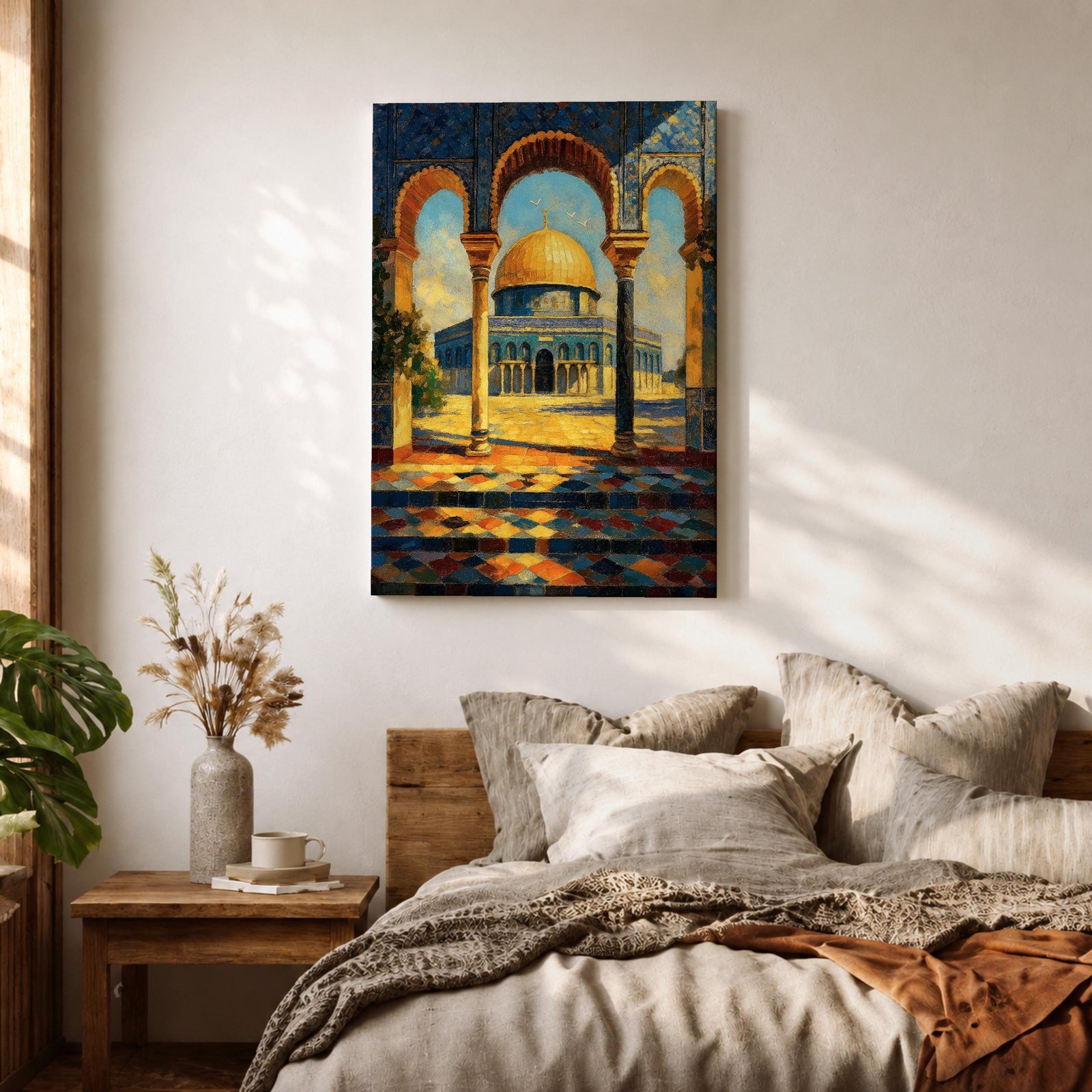 A detailed painting of the Dome of the Rock viewed through three ornate arches with mosaic tile patterns. The golden dome contrasts with the blue sky and intricate architectural columns, capturing the iconic Jerusalem landmark in a vibrant, realistic style.