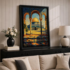 A detailed painting of the Dome of the Rock viewed through three ornate arches with mosaic tile patterns. The golden dome contrasts with the blue sky and intricate architectural columns, capturing the iconic Jerusalem landmark in a vibrant, realistic style.
