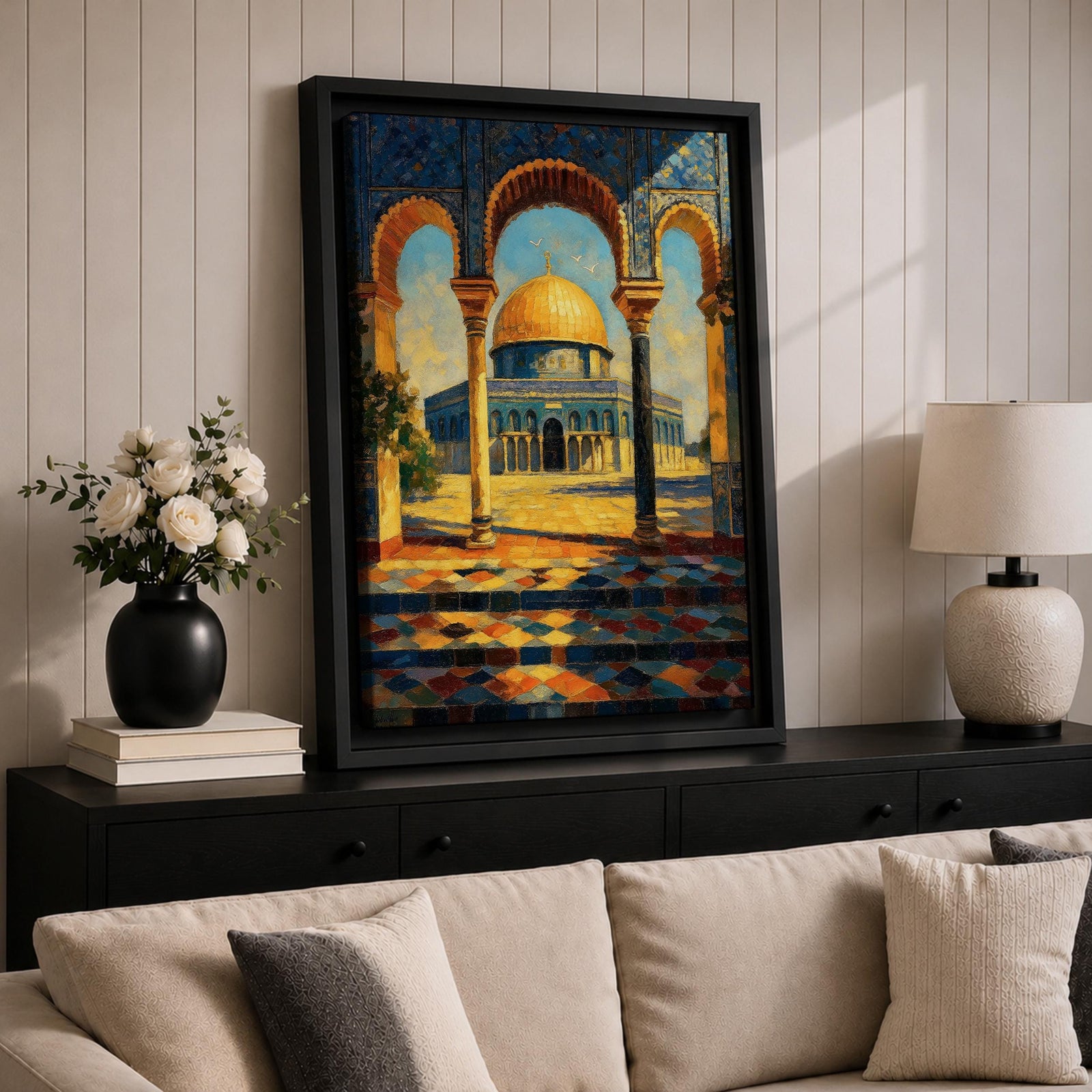 A detailed painting of the Dome of the Rock viewed through three ornate arches with mosaic tile patterns. The golden dome contrasts with the blue sky and intricate architectural columns, capturing the iconic Jerusalem landmark in a vibrant, realistic style.
