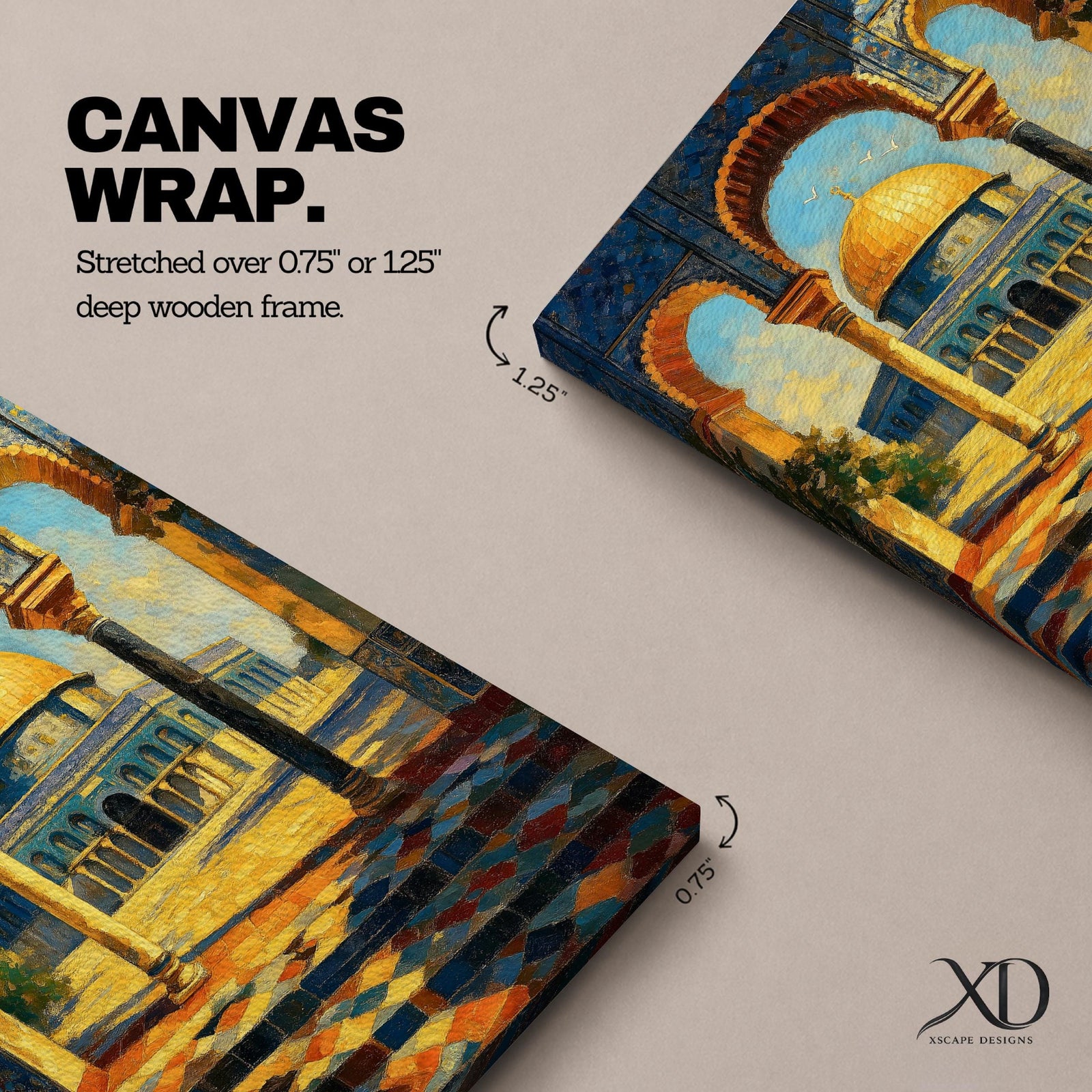 A detailed painting of the Dome of the Rock viewed through three ornate arches with mosaic tile patterns. The golden dome contrasts with the blue sky and intricate architectural columns, capturing the iconic Jerusalem landmark in a vibrant, realistic style.