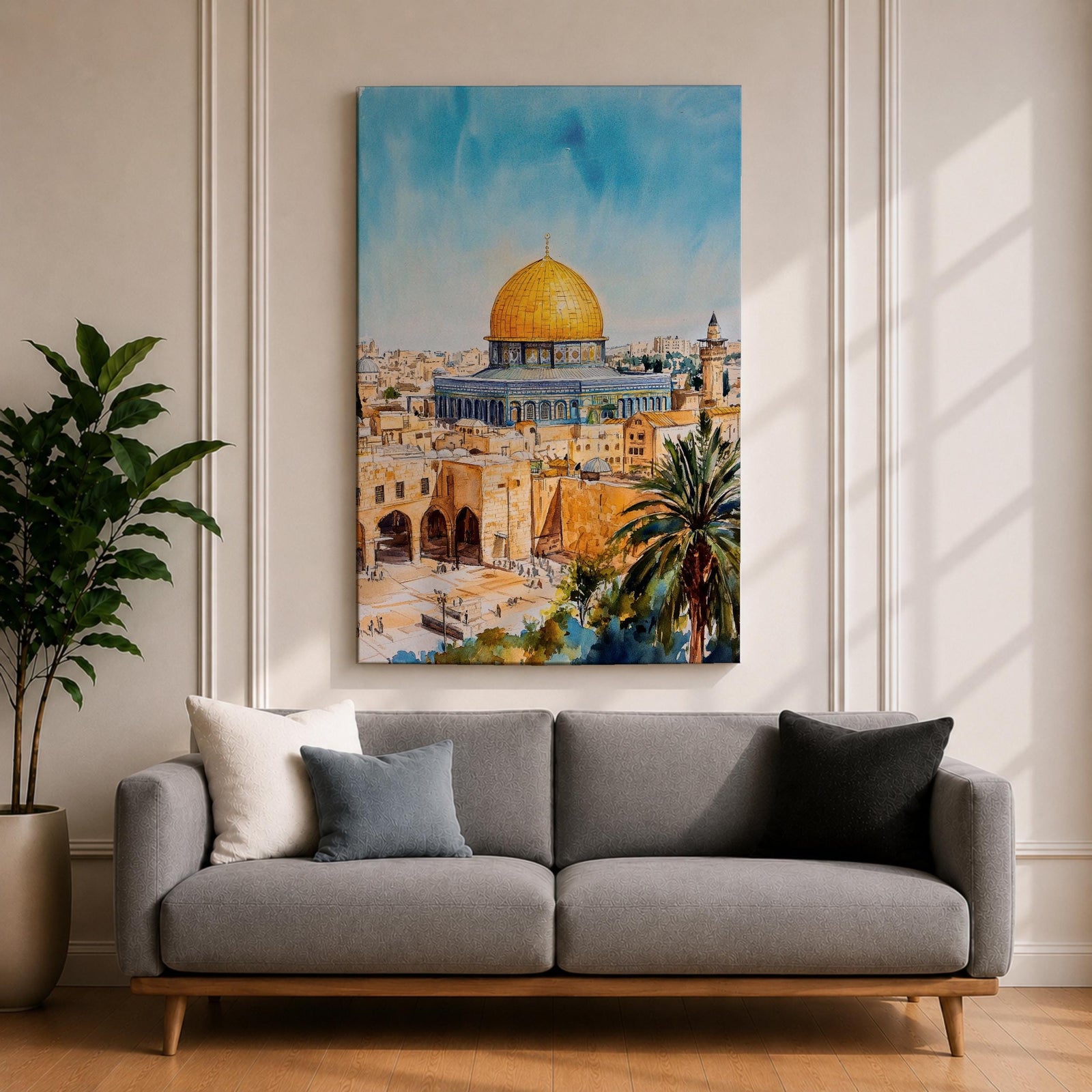 A detailed watercolor painting of the Dome of the Rock, showcasing its iconic golden dome and intricate architectural features set against a bright blue sky, with surrounding ancient stone buildings and palm trees, capturing the historic Islamic landmark in Jerusalem.