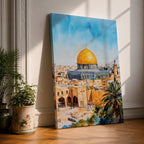 A detailed watercolor painting of the Dome of the Rock, showcasing its iconic golden dome and intricate architectural features set against a bright blue sky, with surrounding ancient stone buildings and palm trees, capturing the historic Islamic landmark in Jerusalem.