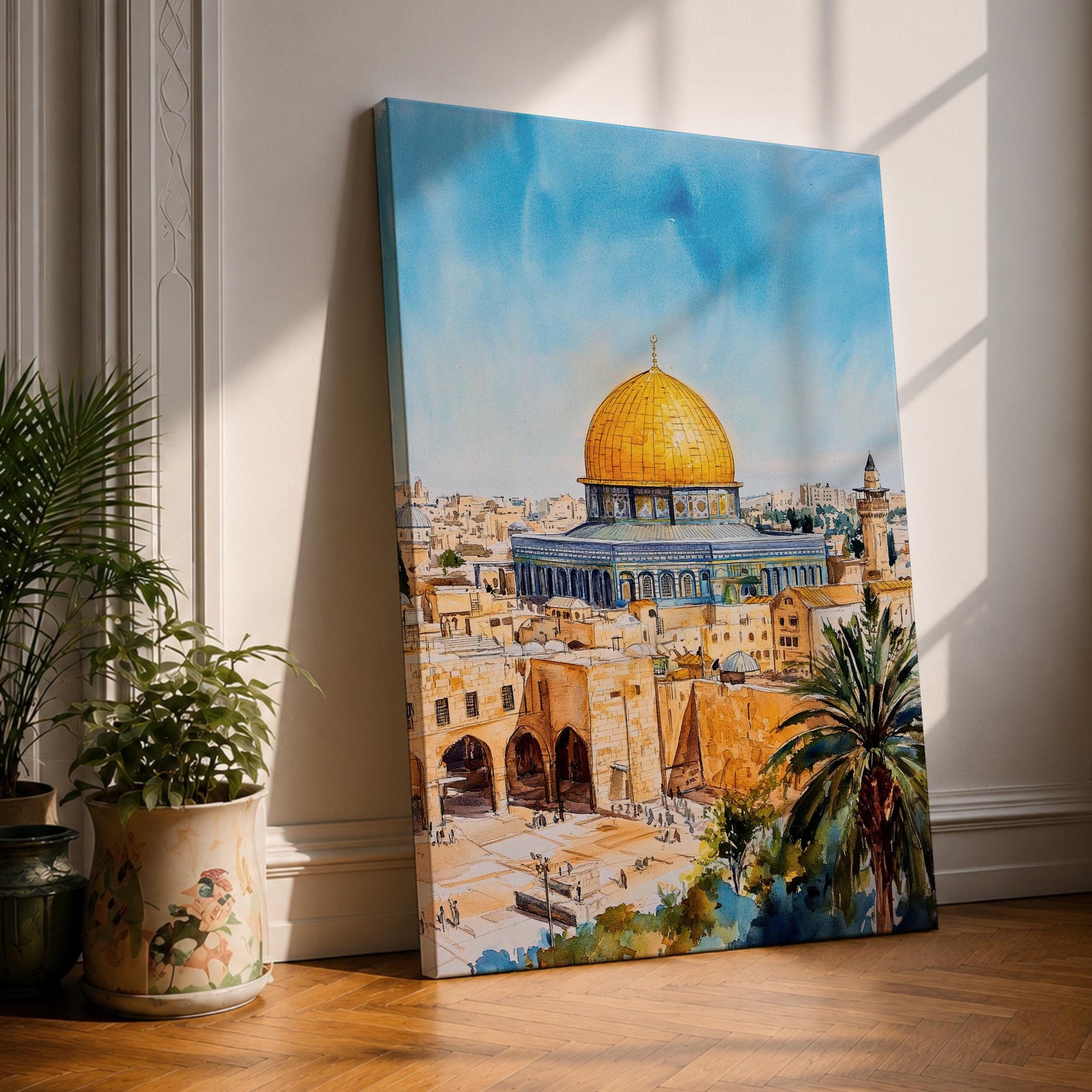 A detailed watercolor painting of the Dome of the Rock, showcasing its iconic golden dome and intricate architectural features set against a bright blue sky, with surrounding ancient stone buildings and palm trees, capturing the historic Islamic landmark in Jerusalem.