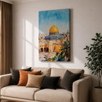 A detailed watercolor painting of the Dome of the Rock, showcasing its iconic golden dome and intricate architectural features set against a bright blue sky, with surrounding ancient stone buildings and palm trees, capturing the historic Islamic landmark in Jerusalem.