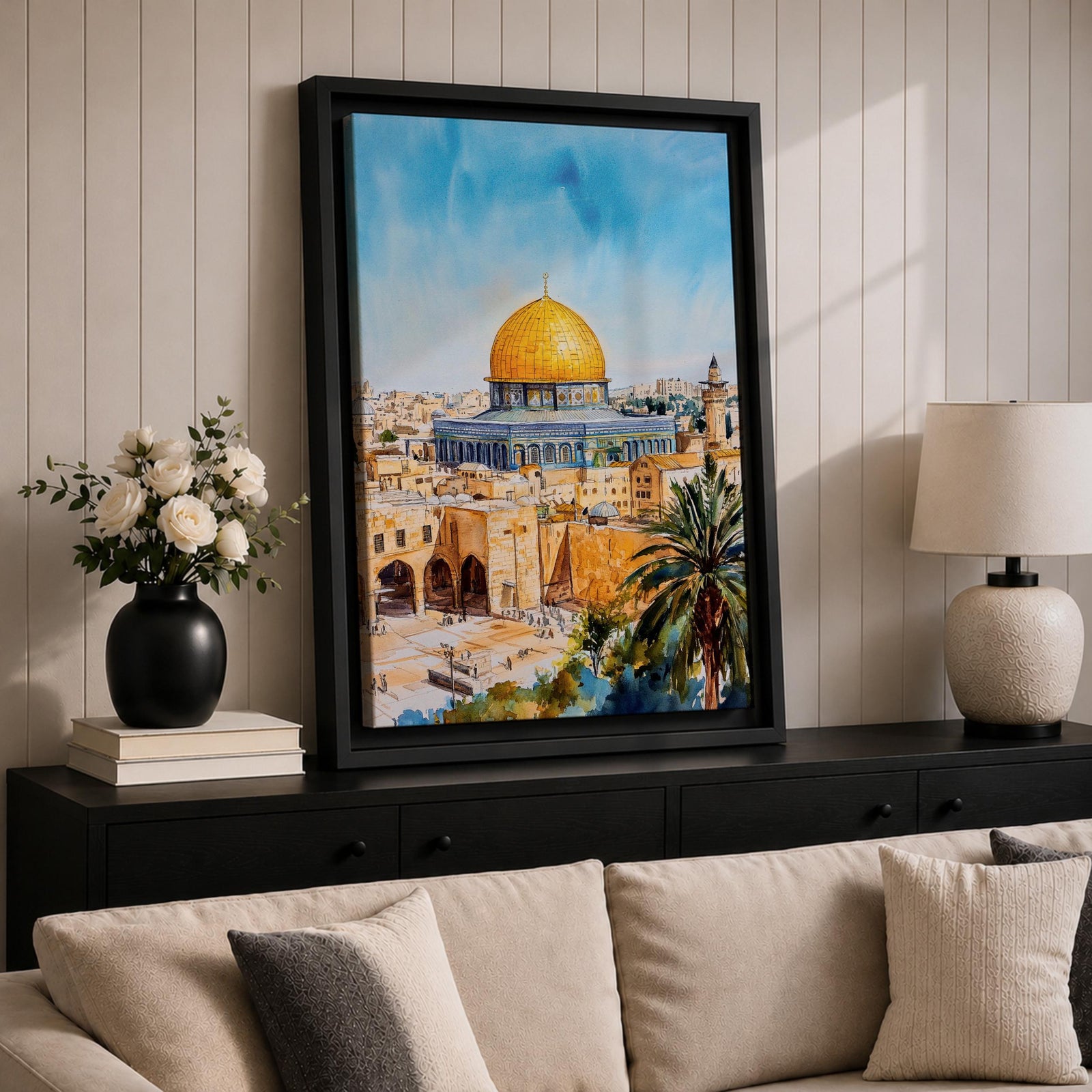 A detailed watercolor painting of the Dome of the Rock, showcasing its iconic golden dome and intricate architectural features set against a bright blue sky, with surrounding ancient stone buildings and palm trees, capturing the historic Islamic landmark in Jerusalem.