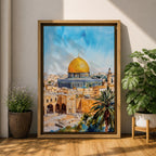 A detailed watercolor painting of the Dome of the Rock, showcasing its iconic golden dome and intricate architectural features set against a bright blue sky, with surrounding ancient stone buildings and palm trees, capturing the historic Islamic landmark in Jerusalem.