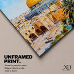 A detailed watercolor painting of the Dome of the Rock, showcasing its iconic golden dome and intricate architectural features set against a bright blue sky, with surrounding ancient stone buildings and palm trees, capturing the historic Islamic landmark in Jerusalem.