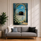 A watercolor painting depicting the Kaaba framed by a floral arch with white blossoms and stone columns, set against a bright blue sky with soft clouds, capturing the iconic Islamic holy site in Mecca with delicate brushwork and vibrant colors.
