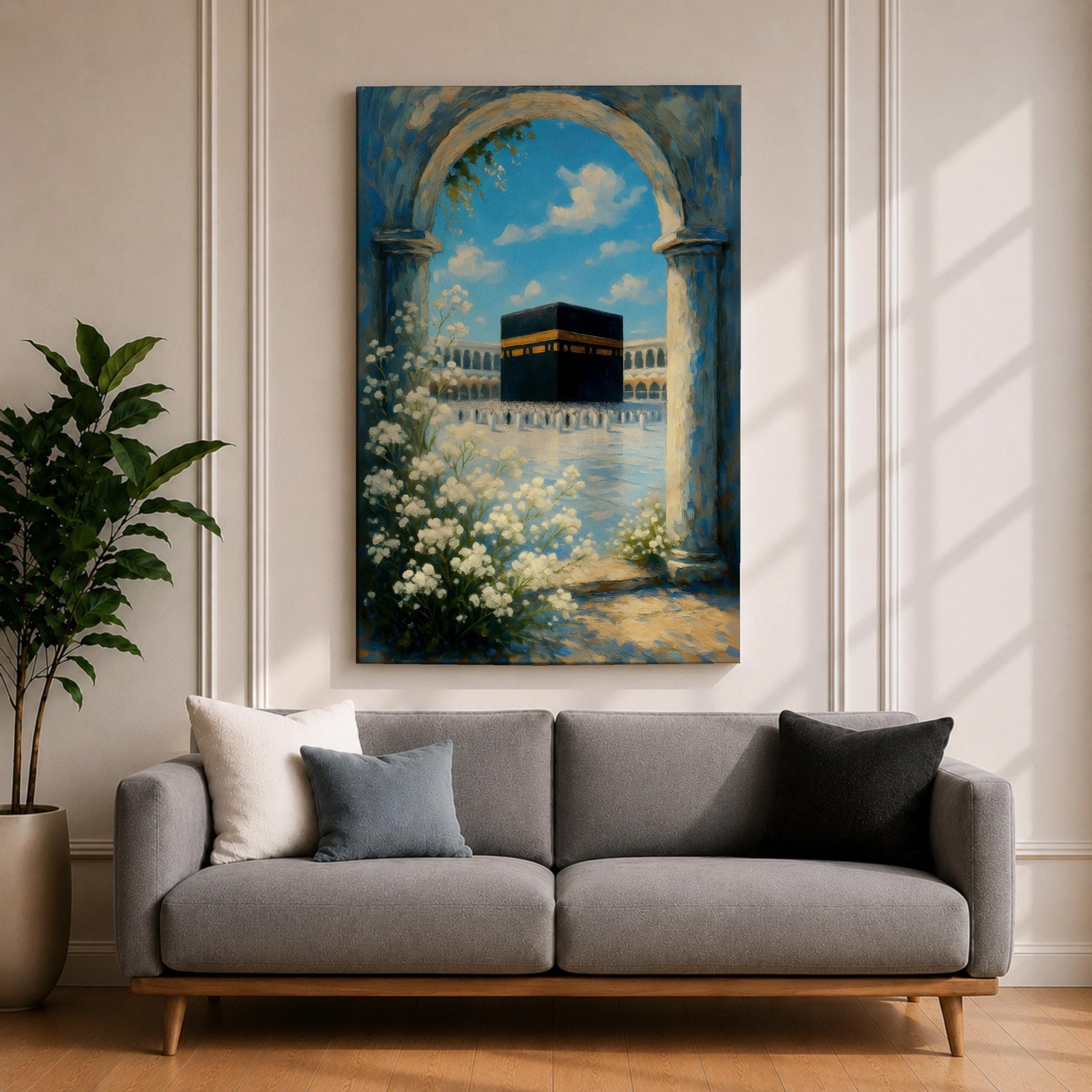 A watercolor painting depicting the Kaaba framed by a floral arch with white blossoms and stone columns, set against a bright blue sky with soft clouds, capturing the iconic Islamic holy site in Mecca with delicate brushwork and vibrant colors.
