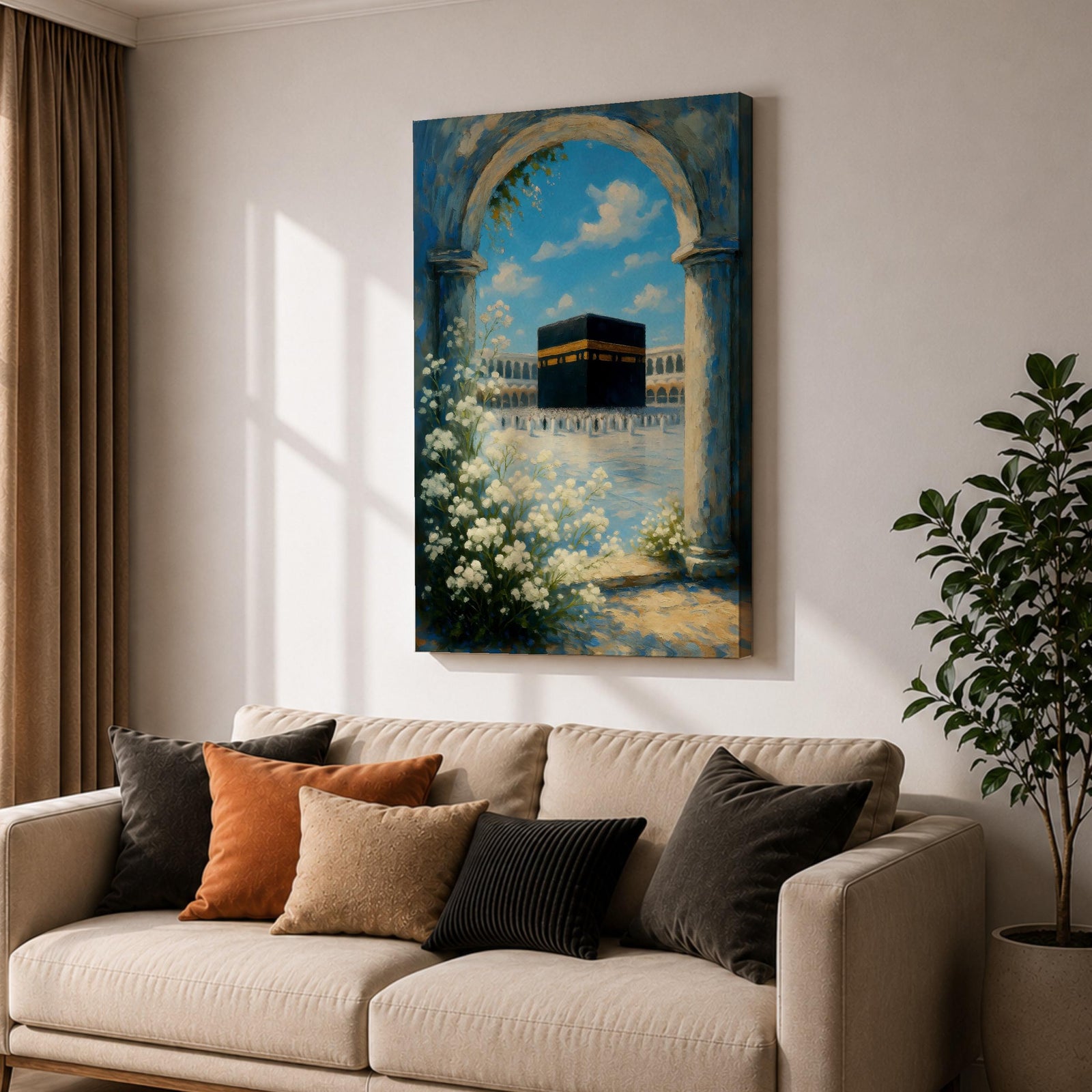 A watercolor painting depicting the Kaaba framed by a floral arch with white blossoms and stone columns, set against a bright blue sky with soft clouds, capturing the iconic Islamic holy site in Mecca with delicate brushwork and vibrant colors.