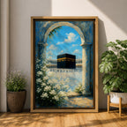 A watercolor painting depicting the Kaaba framed by a floral arch with white blossoms and stone columns, set against a bright blue sky with soft clouds, capturing the iconic Islamic holy site in Mecca with delicate brushwork and vibrant colors.
