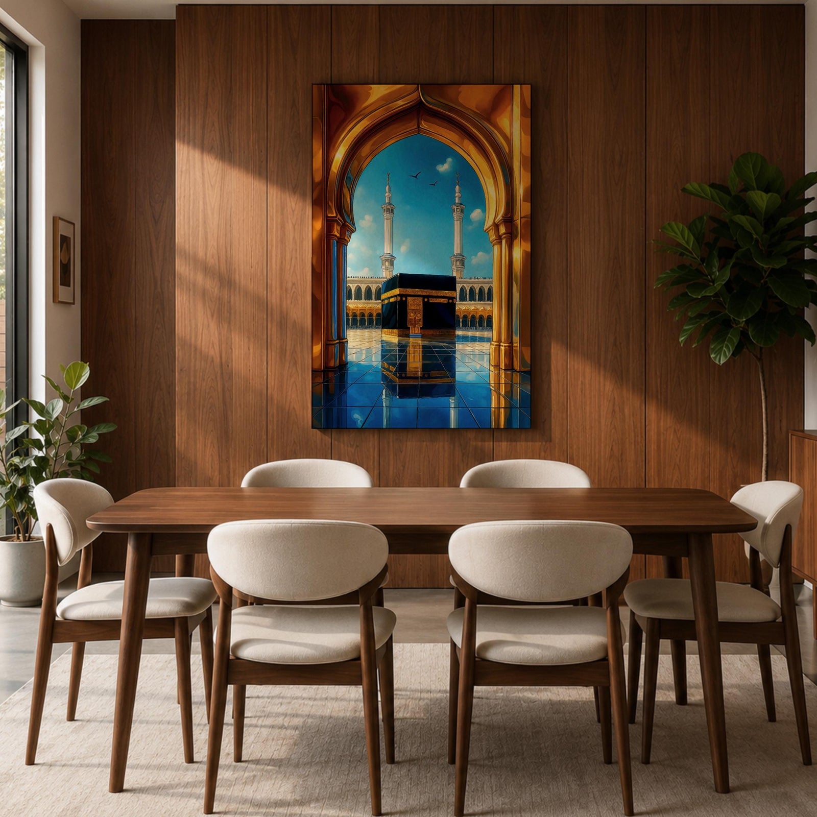 A vibrant framed canvas artwork depicting the Kaaba viewed through a golden arched doorway at Masjid Al Haram in Mecca. The scene shows the iconic black cube structure with gold detailing, two minarets in the background, and a reflective tiled floor under a bright blue sky with birds flying.