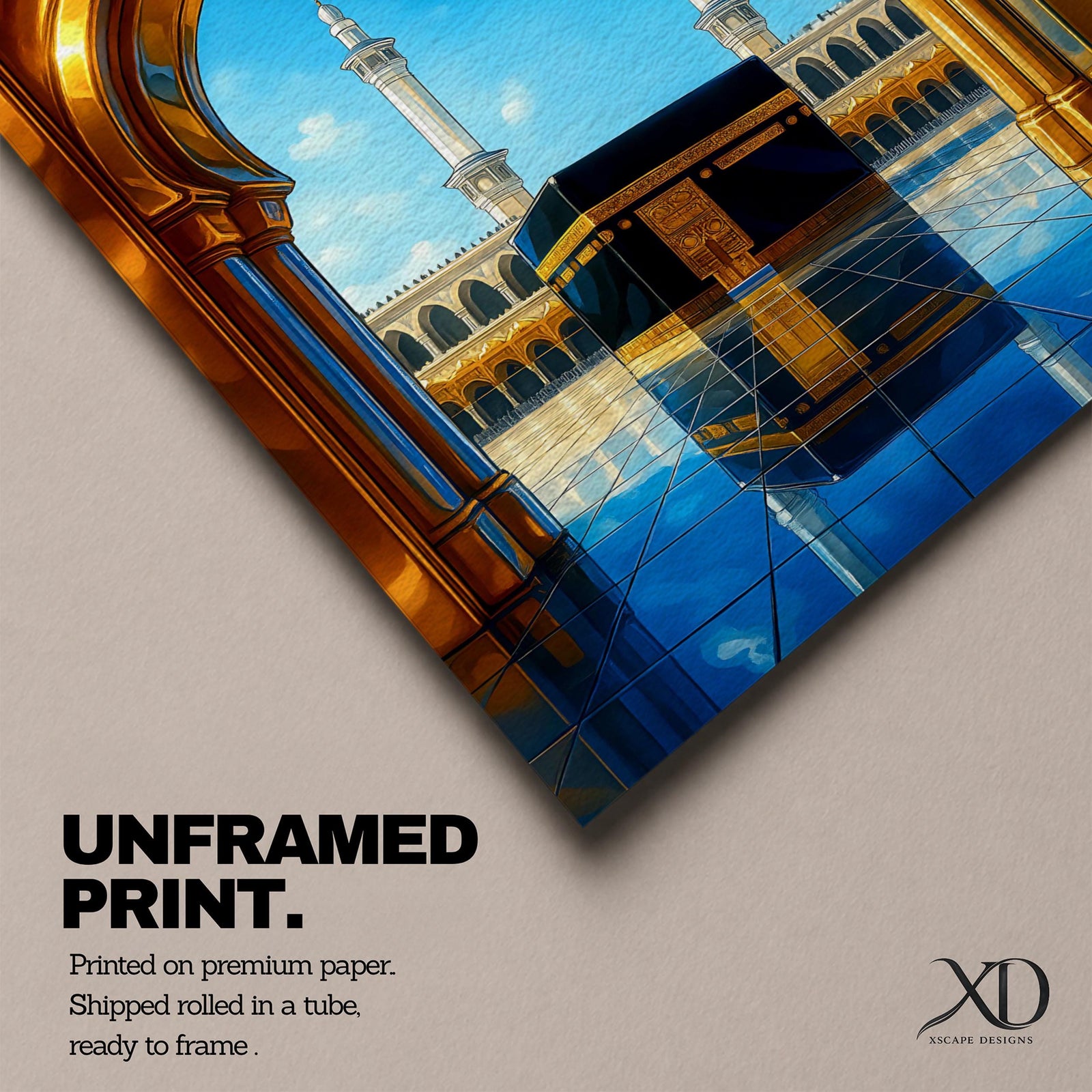 A vibrant framed canvas artwork depicting the Kaaba viewed through a golden arched doorway at Masjid Al Haram in Mecca. The scene shows the iconic black cube structure with gold detailing, two minarets in the background, and a reflective tiled floor under a bright blue sky with birds flying.