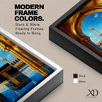 A vibrant framed canvas artwork depicting the Kaaba viewed through a golden arched doorway at Masjid Al Haram in Mecca. The scene shows the iconic black cube structure with gold detailing, two minarets in the background, and a reflective tiled floor under a bright blue sky with birds flying.