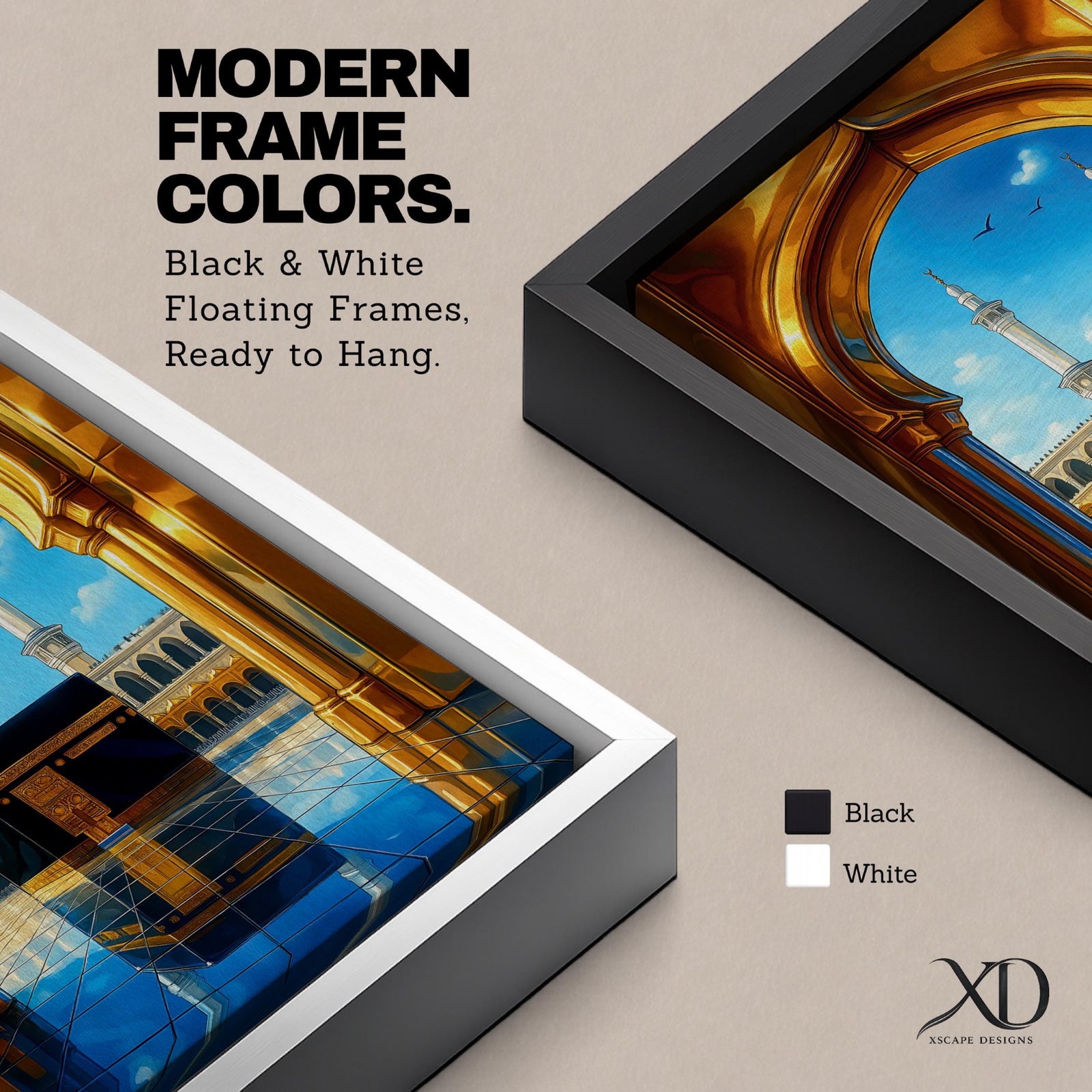 A vibrant framed canvas artwork depicting the Kaaba viewed through a golden arched doorway at Masjid Al Haram in Mecca. The scene shows the iconic black cube structure with gold detailing, two minarets in the background, and a reflective tiled floor under a bright blue sky with birds flying.