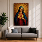Painting of the Virgin Mary depicted with the Sacred Heart glowing on her chest as she gently gestures toward it, wearing a blue mantle over a red robe while a radiant golden halo spreads outward behind her head, rendered in a Catholic icon style devotional Madonna portrait with warm tones and sacred symbolism.