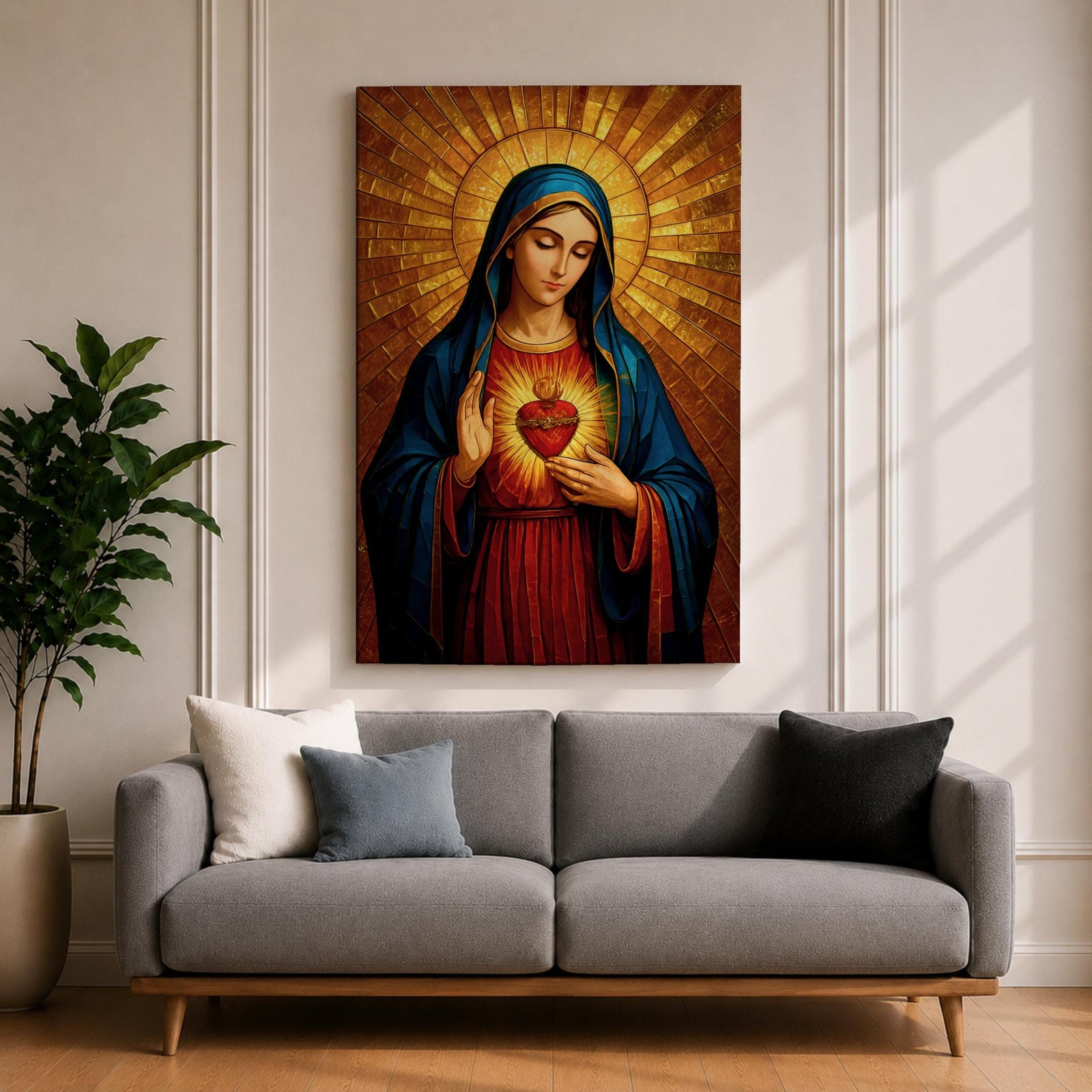 Painting of the Virgin Mary depicted with the Sacred Heart glowing on her chest as she gently gestures toward it, wearing a blue mantle over a red robe while a radiant golden halo spreads outward behind her head, rendered in a Catholic icon style devotional Madonna portrait with warm tones and sacred symbolism.