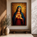 Painting of the Virgin Mary depicted with the Sacred Heart glowing on her chest as she gently gestures toward it, wearing a blue mantle over a red robe while a radiant golden halo spreads outward behind her head, rendered in a Catholic icon style devotional Madonna portrait with warm tones and sacred symbolism.