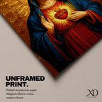 Painting of the Virgin Mary depicted with the Sacred Heart glowing on her chest as she gently gestures toward it, wearing a blue mantle over a red robe while a radiant golden halo spreads outward behind her head, rendered in a Catholic icon style devotional Madonna portrait with warm tones and sacred symbolism.