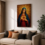 Painting of the Virgin Mary depicted with the Sacred Heart glowing on her chest as she gently gestures toward it, wearing a blue mantle over a red robe while a radiant golden halo spreads outward behind her head, rendered in a Catholic icon style devotional Madonna portrait with warm tones and sacred symbolism.