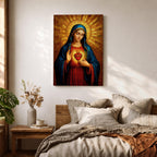 Painting of the Virgin Mary depicted with the Sacred Heart glowing on her chest as she gently gestures toward it, wearing a blue mantle over a red robe while a radiant golden halo spreads outward behind her head, rendered in a Catholic icon style devotional Madonna portrait with warm tones and sacred symbolism.