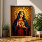 Painting of the Virgin Mary depicted with the Sacred Heart glowing on her chest as she gently gestures toward it, wearing a blue mantle over a red robe while a radiant golden halo spreads outward behind her head, rendered in a Catholic icon style devotional Madonna portrait with warm tones and sacred symbolism.
