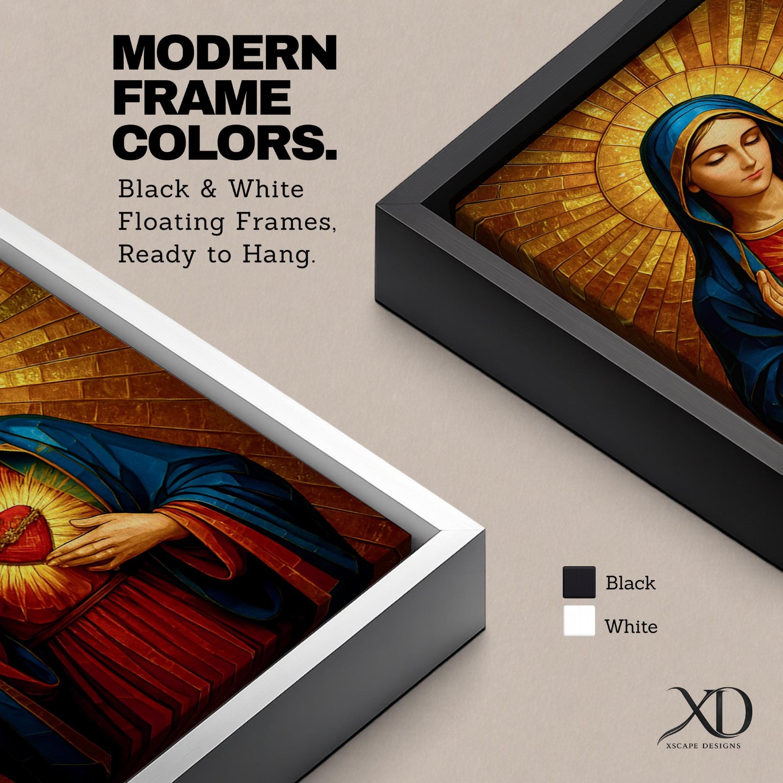 Painting of the Virgin Mary depicted with the Sacred Heart glowing on her chest as she gently gestures toward it, wearing a blue mantle over a red robe while a radiant golden halo spreads outward behind her head, rendered in a Catholic icon style devotional Madonna portrait with warm tones and sacred symbolism.