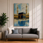 An impasto style painting depicting the Kaaba in Mecca with textured brushstrokes, showing the black cube structure surrounded by pilgrims and two minarets under a partly cloudy sky with birds flying above, capturing the iconic Islamic religious site in a richly textured and vibrant composition.