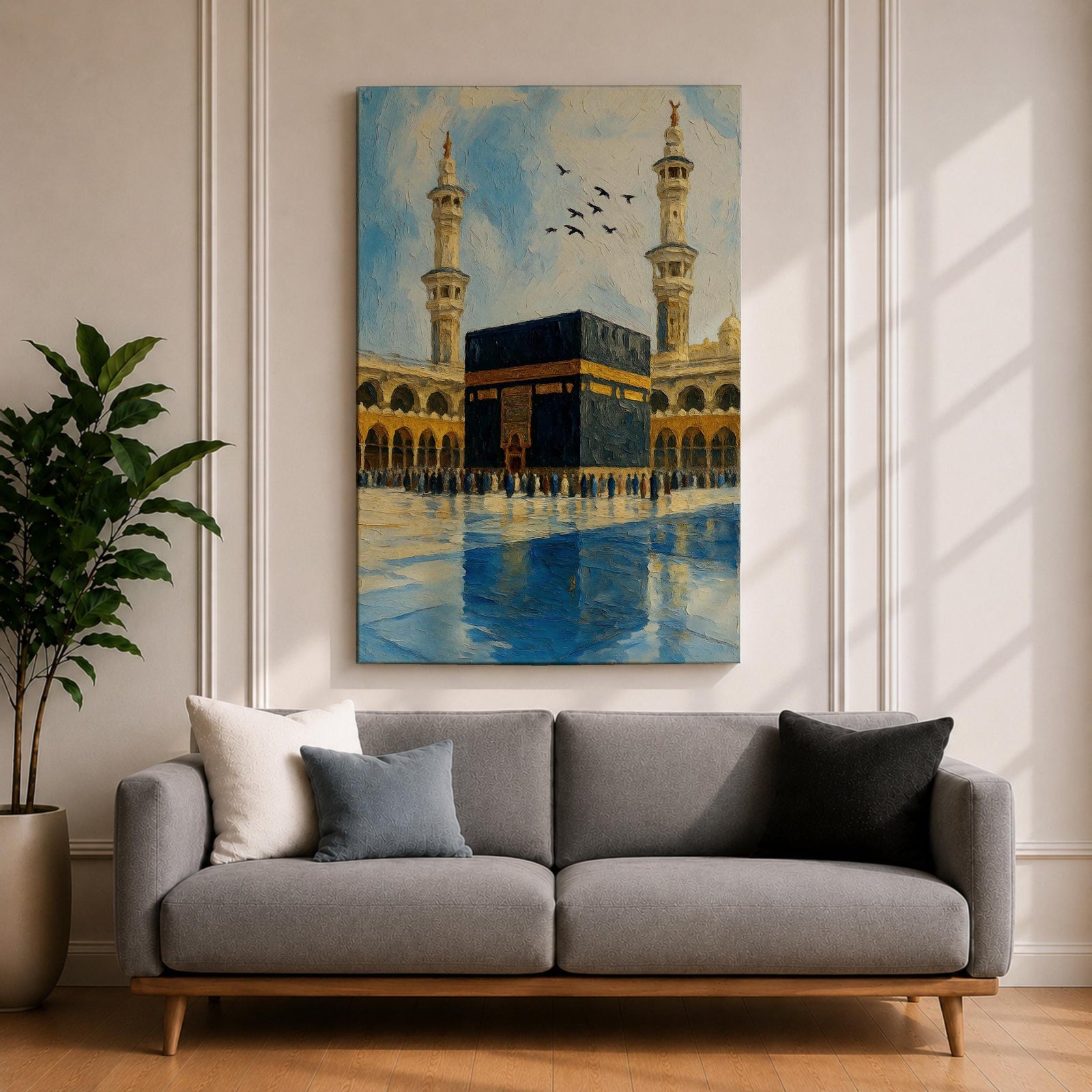 An impasto style painting depicting the Kaaba in Mecca with textured brushstrokes, showing the black cube structure surrounded by pilgrims and two minarets under a partly cloudy sky with birds flying above, capturing the iconic Islamic religious site in a richly textured and vibrant composition.