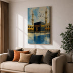 An impasto style painting depicting the Kaaba in Mecca with textured brushstrokes, showing the black cube structure surrounded by pilgrims and two minarets under a partly cloudy sky with birds flying above, capturing the iconic Islamic religious site in a richly textured and vibrant composition.