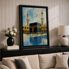 An impasto style painting depicting the Kaaba in Mecca with textured brushstrokes, showing the black cube structure surrounded by pilgrims and two minarets under a partly cloudy sky with birds flying above, capturing the iconic Islamic religious site in a richly textured and vibrant composition.