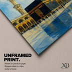 An impasto style painting depicting the Kaaba in Mecca with textured brushstrokes, showing the black cube structure surrounded by pilgrims and two minarets under a partly cloudy sky with birds flying above, capturing the iconic Islamic religious site in a richly textured and vibrant composition.
