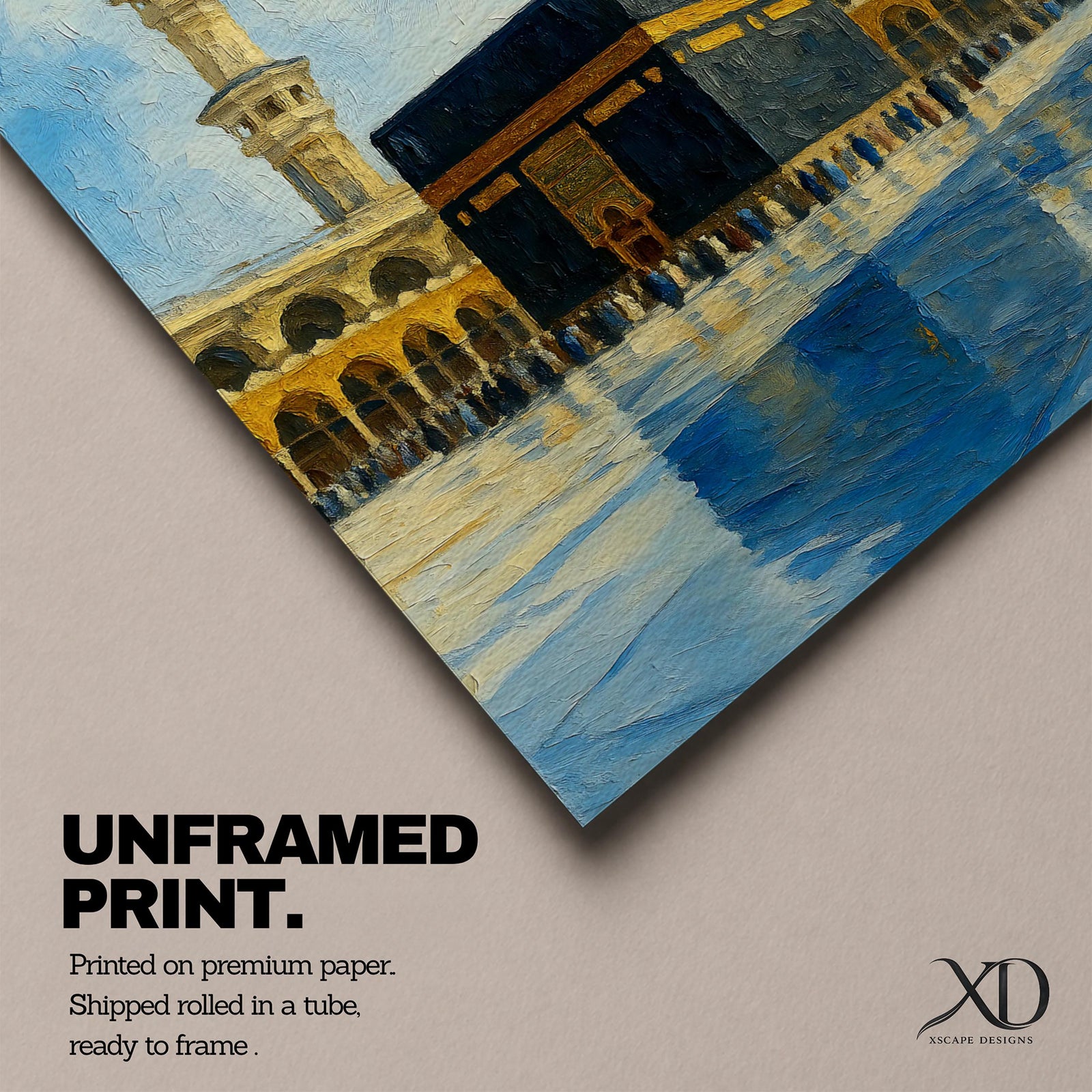 An impasto style painting depicting the Kaaba in Mecca with textured brushstrokes, showing the black cube structure surrounded by pilgrims and two minarets under a partly cloudy sky with birds flying above, capturing the iconic Islamic religious site in a richly textured and vibrant composition.
