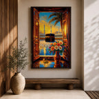 Detailed painting of the Kaaba inside Masjid al-Haram seen through open wooden window shutters, creating a framed window perspective toward the sacred sanctuary. Tall mosque minarets rise behind the Kaaba while a palm tree curves across the sky, with a decorative vase of flowers in the foreground in an ornate Arabic-inspired artistic style.